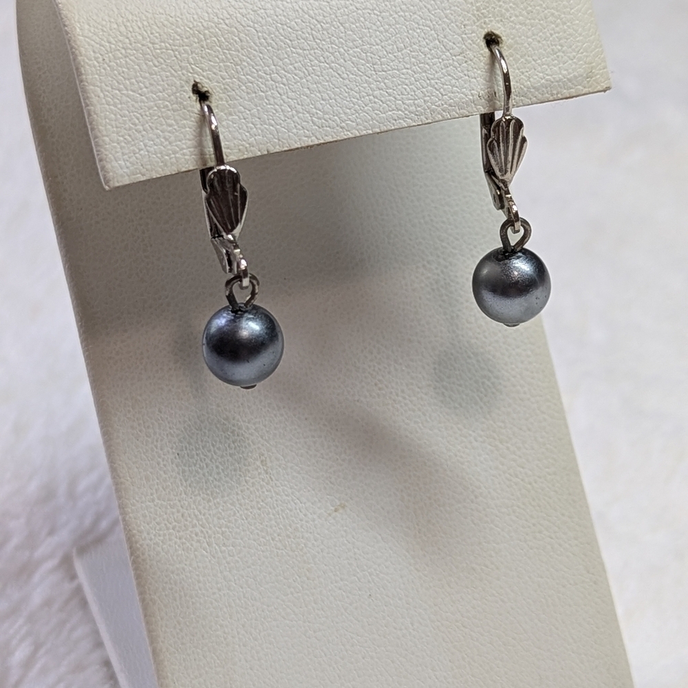 Vintage 80's Silvertone and Faux Grey Pearl Choker Necklace and Earring Set - Picture 2 of 7
